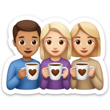 friends drinking coffee in a mug with the logo “v.love” sticker