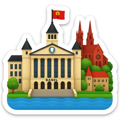 Edit the University of Basel main building emoji to include Basel city elements such as the Rhine river, Basel Minster, and the red city flag. The style should resemble apple style emojis. Remove the background. sticker