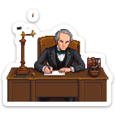 pixel art Henry Clay writing at a desk, old-fashioned setting, Compromise of 1850 document sticker