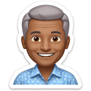 50 yr old indian man, dark skin, grey hair, big smile, white teeth, chubby, no moustache, clean shaven, young style hair, hair brushed back, 5 oclock shadow, bindy on forehead, dress shirt, forehead dot sticker