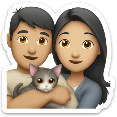 asian couple hugging with a cat sticker