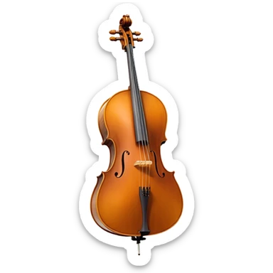 Create a refined and detailed emoji representing a Cremona 4/3F 4/4 cello with a bow. The design should feature the smooth, polished wooden body of the cello with a deep, rich tone color. The strings and tuning pegs should be visible, emphasizing the instrument's fine craftsmanship. Add a delicate bow placed gently across the strings, with intricate detailing on the hair and frog. Include subtle musical notes around the cello to evoke the graceful, classical sound. Use warm wood tones and accents like gold and silver for a professional, elegant look. The background should be transparent. sticker
