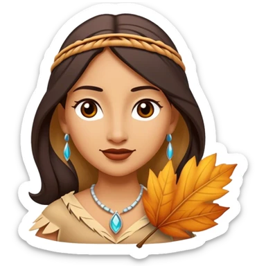 Cinematic Playful Pocahontas Portrait Emoji, Tilting her head with a knowing smirk, holding a delicate autumn leaf, eyes glimmering with adventure, an enchanting blend of confidence and charm, absolutely captivating! sticker