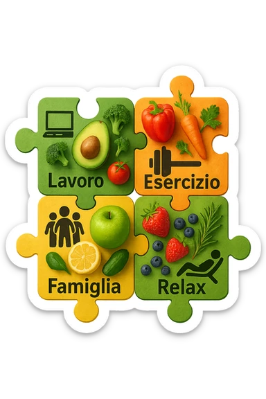 Puzzle (Lavoro, Esercizio, Famiglia, Relax), in lavoro metti icona di un PC, in Esercizio un Manubrio, in Famiglia una famiglia, in Relax qualcuno che riposa and healthy foods are integrated into each piece. in italiano sticker