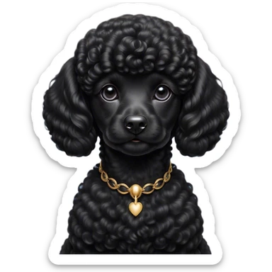 Cinematic Noble Black Poodle Portrait Emoji, Poised and regal, with a refined, elegant build and a meticulously groomed, curly jet-black Fur, deep-set soulful dark eyes, Simplified yet sharp and sophisticated features, highly detailed, glowing with a soft, dignified glow, high shine, intelligent and graceful, stylized with an air of sophistication, focused and attentive, soft glowing outline, capturing the essence of a watchful and confident companion, so majestic it feels as though it could prance out of the screen with effortless authority! sticker