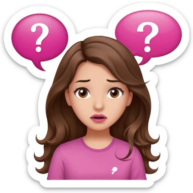 girl with long wavy brown hair, brown eyes, light to medium complexion, in a pink shirt, pink lips, long lashes, confused, question mark one speech bubble sticker
