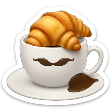 A croissant with a moustache that drinks a cup of coffee sticker