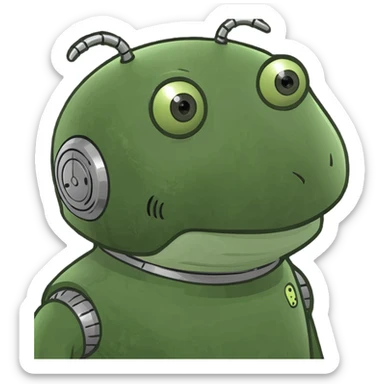A robot designed in the style of a green Bufo frog meme, with a humorous and exaggerated expression. sticker