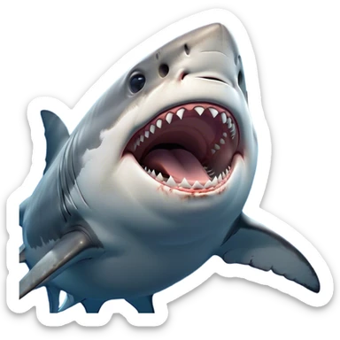 Cinematic Cute Yawning Great White Shark Portrait Emoji, Head tilted slightly with a dramatic, wide-open yawn, showcasing its robust, streamlined form with a slightly open mouth revealing powerful jaws and sleepy, half-closed eyes, Simplified yet irresistibly adorable features, highly detailed, glowing with a soft, cozy oceanic glow, high shine, relaxed yet expressive, stylized with a hint of whimsical aquatic ease, soft glowing outline, capturing the essence of a drowsy yet affectionate great white shark that appears ready to stretch and yawn its way out of the screen! sticker
