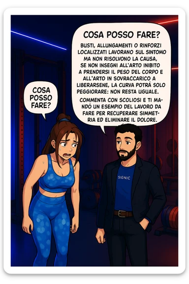 ispirati a questo stile di disegno e fai questa immagine in versione manga/webtoon a colori, il manga mostra la donna preoccupata che chiede: "COSA POSSO FARE?" E L'UOMO CHE RISPONDE: Busti, allungamenti o rinforzi localizzati lavorano sul sintomo ma non risolvono la causa. Se non insegni all’arto inibito a prendersi il peso del corpo e all’arto in sovraccarico a liberarsene, la curva potrà solo peggiorare; non resta uguale. Commenta con scoliosi e ti mando un esempio del lavoro da fare per recuperare simmetria ed eliminare il dolore. sticker