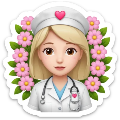 Nurse with pink heart and flowers surround her sticker