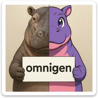a hippo holding sign of omnigen, half picture hippo is realistic another hald is the anime of that same hippo sticker