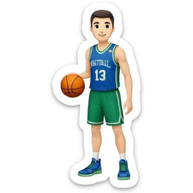 Full Body heavy white male with dark short spike hair basketball player wearing blue green uniform smiling sticker
