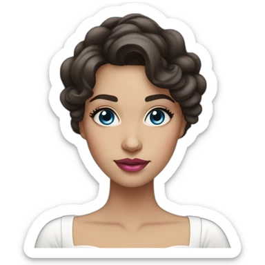 Women with long wavy dark brown hair and long eyelashes blue eyes with pink lips and thick dark brown eyebrows wearing a white dress sticker