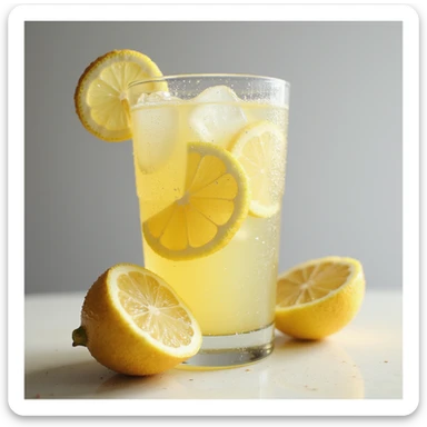 realistic glass of iced lemonade with condensation on glass and fresh lemon slices sticker