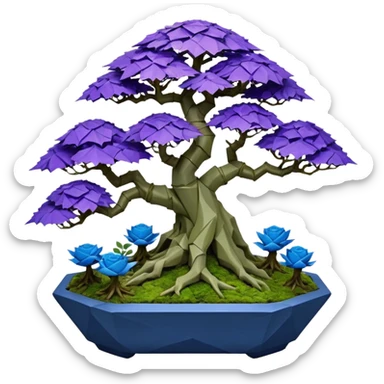 Futuristic wild glowing space alien moss maples Bonsai hair-pine-leaf group multi faceted intricate crystalline inspired boxwood purple rose blue informal rocky cliffhanger eight trees forest planting in shallow origami slab style pot with big animal-like feet  sticker