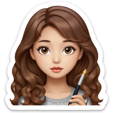 “korean brown hair Emoji girl, soft eyeliner, gradient lips, light brown shimmer eyeshadow, sparkly aegyo-sal, long wavy hair,  sticker