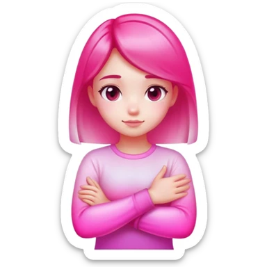 Shy girl character with arms crossed, transparent glass style, bright pink gradient, soft shadows and highlights, minimalist cute design sticker