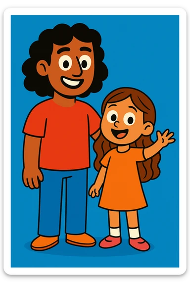 A father with medium brown skin and curly black hair at his shoulders, standing with a young girl who has light brown skin and long wavy brown hair, both happy, cartoon style sticker