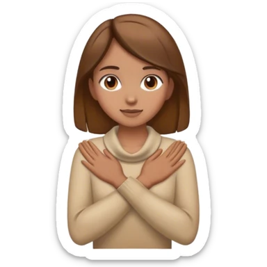 a light tan girl with brown hair and hands around her neck sticker