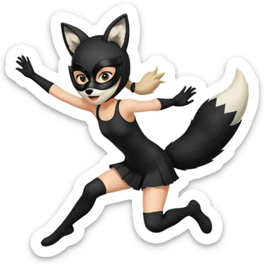 girl wearing a black fox mask and tail jumping sticker