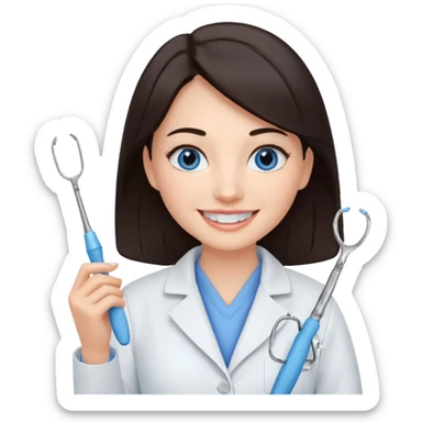 сгенерируй девушку стоматолога с профильными для нее предметами с темными волосами и голубыми глазами еще sticker