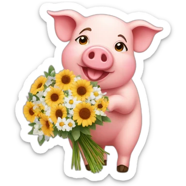 pig with flower bouquet sticker