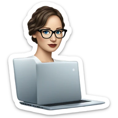 Hyper Realistic Photo of Brunette Jennifer Lawrence wearing black glasses and blue eyes  on a laptop  sticker