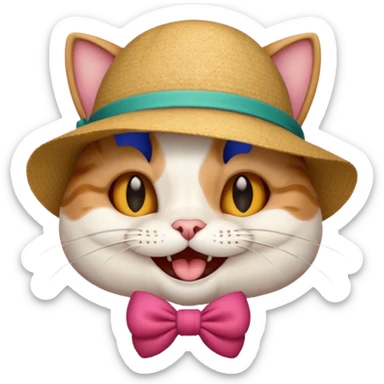 Cat with a laughing face and a bow and hat sticker