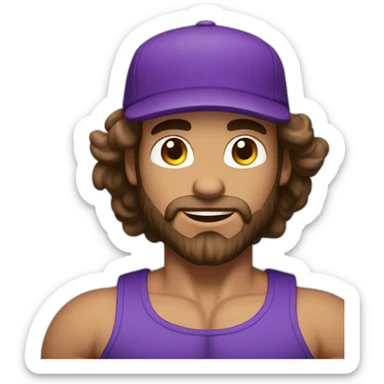 a body builder man with long curly brown haid and beard with a purple cap  sticker