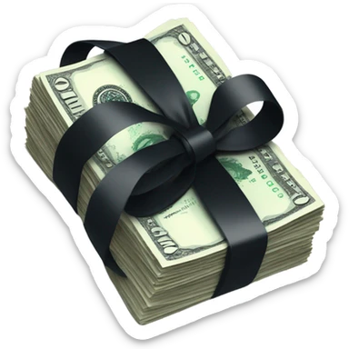 stack of banknotes tied with black ribbon sticker