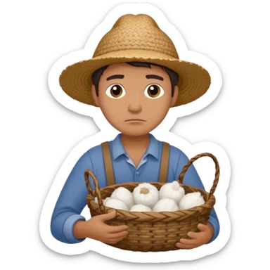 A sad farmer holding a basket and cotton sticker