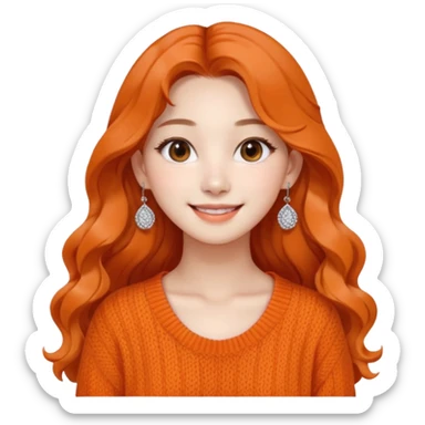 Korean 24-year-old female online shopping mall seller / Orange knit / White face / Earrings / Smiling expression / Long wavy hair / Influencer vibe / Fashionable sticker