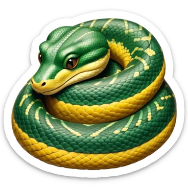 Meme-Worthy cute Sleeping Anaconda Portrait Emoji, Body coiled in a relaxed, peaceful slumber with a contented expression and softly closed eyes, showcasing intricately patterned scales and a serene demeanor, Simplified yet hilariously adorable features, highly detailed, glowing with a soft, drowsy jungle light, high shine, relaxed and utterly lovable, stylized with an air of playful laziness, bright and heartwarming, soft glowing outline, capturing the essence of a sleeping serpent that feels destined to become the next viral sensation of adorable rest! sticker