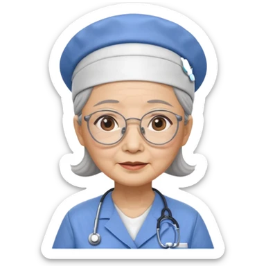 OLD ASIAN WOMAN WITH GLASSES, NURSE SCRUBS, CAP, NO HAIR SHOWING sticker