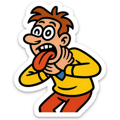 exaggerated slapstick person with crossed eyes, tongue out, hands on neck, comic style, playful and humorous sticker