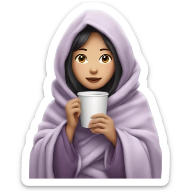 Asian girl wrapped in cozy blanket drinking coffee light purple sticker