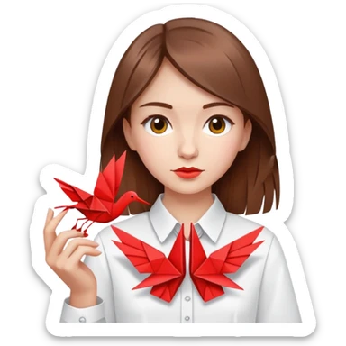 Ukrainian young girl with brown hair wearing a white embroidered shirt holds an origami red crane sticker