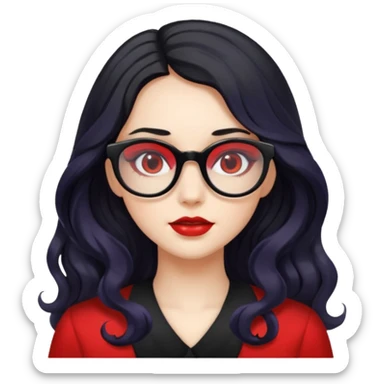 ילדה עם שער שחור וגלי אבל לא יותר מידי מתולתל ארוך אישונים שחורים, משקפיים בצבע אדום sticker