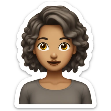Chica con cerquillo, cabello ondulado y color castaño, ojos saltones pero medios chinos, labios gruesos pero no exagerados  sticker