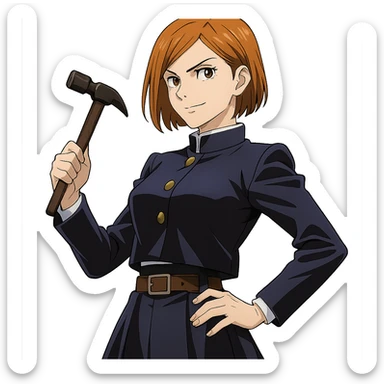 Nobara Kugisaki, short orange hair, holding hammer, confident pose, anime style sticker