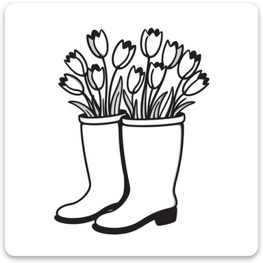 Rubber rain boots/wellington boots with tulip flowers sticking out from the top, in pastel colors (dd9fb0, ffc6d3, a3bfc9, c4bee2, f1b091), hand-drawn doodle style sticker