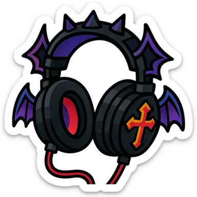 black gothic headphones with exaggerated gothic features and bold colors in vibrant toon style sticker