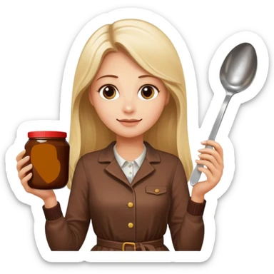 Nutella with a spoon. The glas of Nutella is almost empty . Next to the Nutella is the head of a blond woman who is looking forward to eat the Nutella. The hair of the woman needs to be longer. She is holding a big carriage of Nutella in her right hand and a oversized spoon in the other  sticker