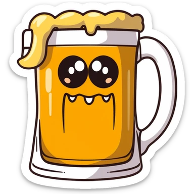 A wobbly beer tankard with monster eyes and sharp teeth like a mimic monster, overflowing with frothy beer sticker