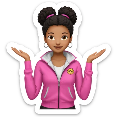 Menina negra estilo clean girl, cabelo crespo em coque, pele bronzeada, expressão sorridente e confiante, roupas claras e modernas — jaqueta esportiva rosa com zíper, blusa branca por baixo, calça legging preta.  sticker