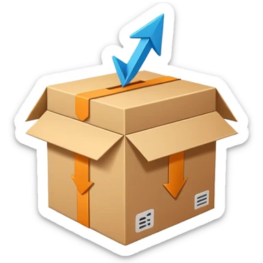 Minimal line-art icon of a shipping box with an arrow going up or a price tag, simple modern style, clean outlines, slightly 3D, no background, transparent, represents “reselling / e-commerce / flipping items” sticker