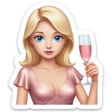 Pretty Blonde model, blue eyes, wearing a rose gold dress with short sleeves, raising a glass of pink champagne sticker