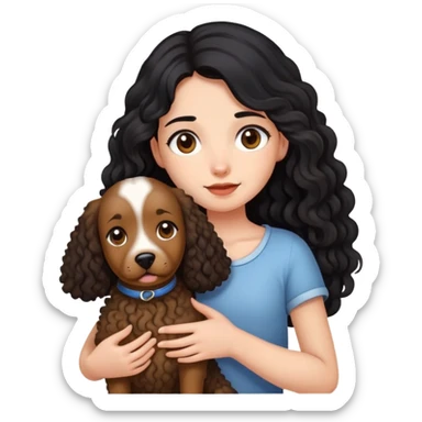 A girl with long black hair holding a curly brown giant dog sticker