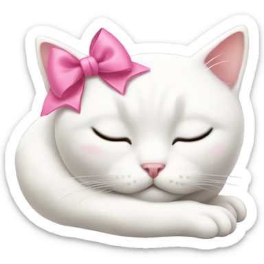 White cat sleeping with pink bow on head sticker